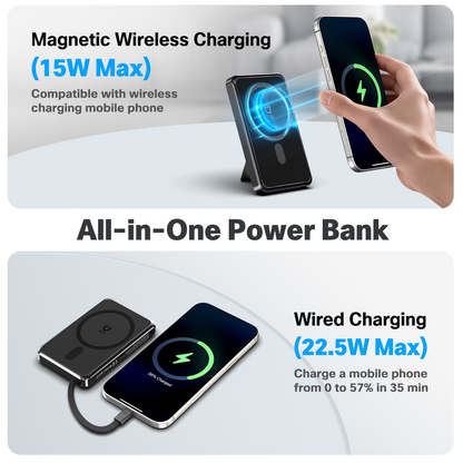 10000mAh Magnetic Wireless Power Bank Portable Charger, 22.5W Fast Charging Battery Pack with Type-C & Mobile Phone Charging Cables, for iPhone 12-17, Black