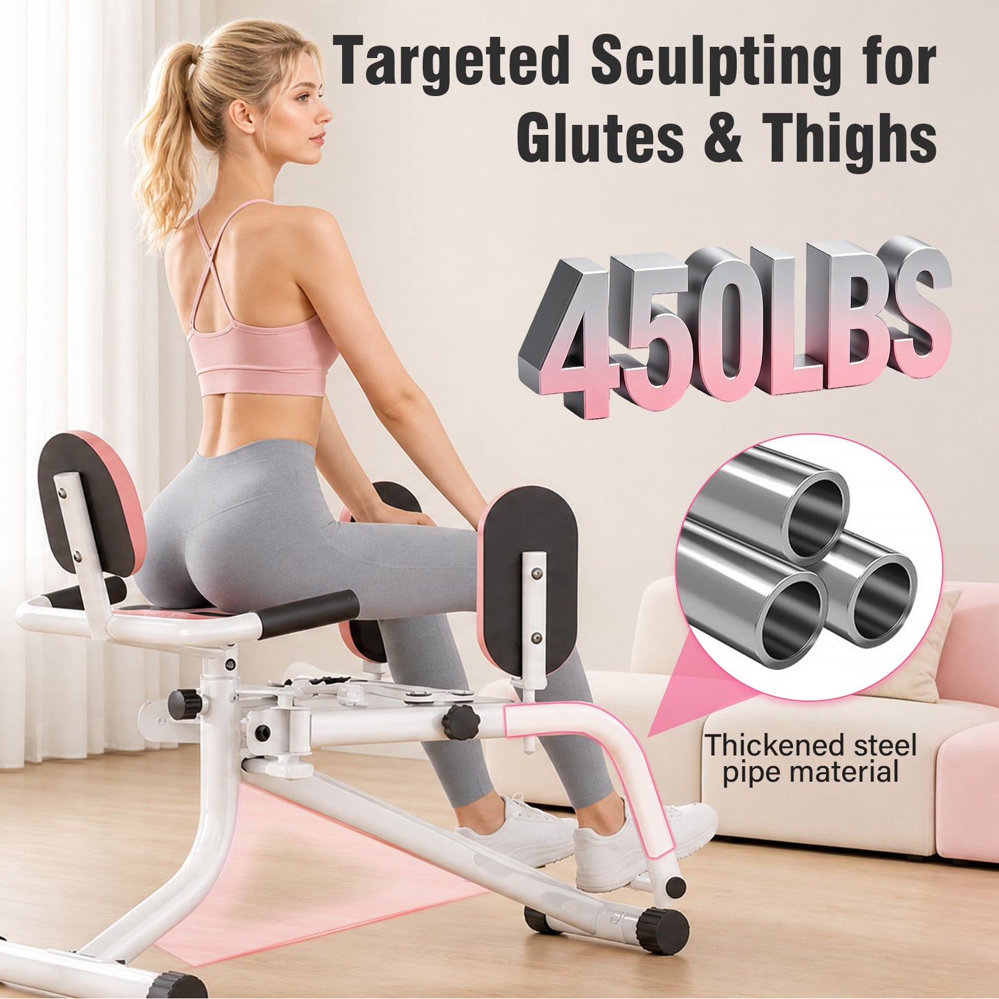 RICAN Hip Abductor Machine for Women, 2-in-1 Compact Glute & Thigh Trainer, Adjustable Resistance Inner Thigh Toner and Outer Thigh Sculptor, Booty Builder for Home Leg Workout Equipment ¨C Pink/White