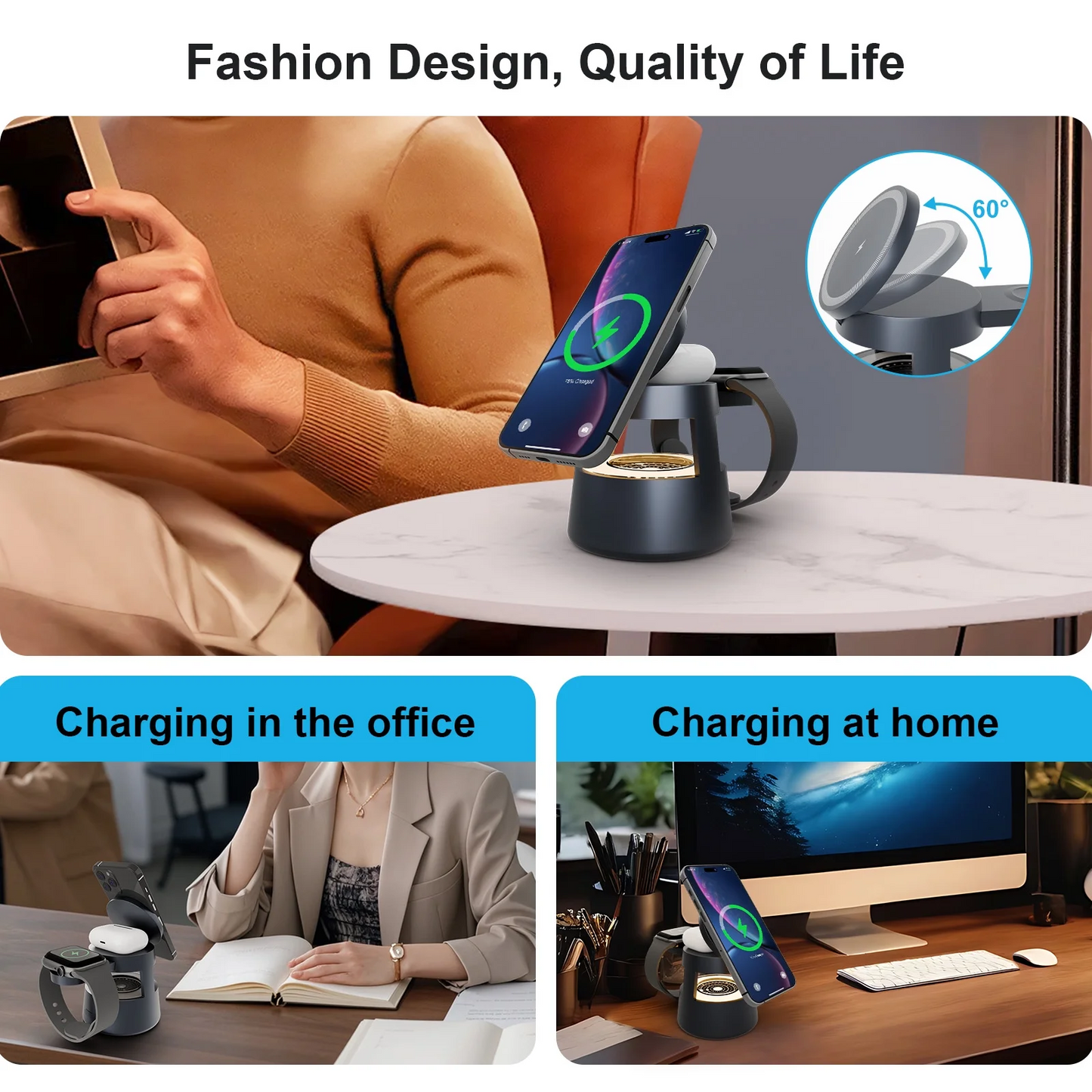 Magnetic Wireless Charger, 4 in 1 Fast Charging Station Compatible with iPhone 16 15 14 13 12 11 8 X XR SE, 3 Light Adjustable Desk Charging Station for Watch, AirPod