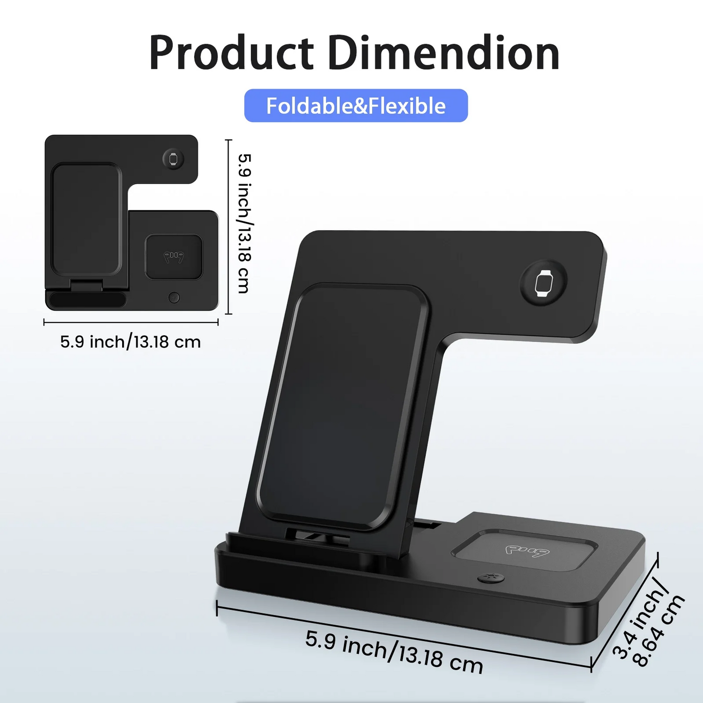 Wireless Charger Station for iPhone16 15 14 13 12 11 8 XS XR & Samsung Galaxy, 3 in 1 Charging Station for AirPods 3 2 Pro & iWatch Series ,Magnetic Wireless Charger Black