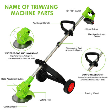 Electric Weed Trimmer,21V Powerful Motor Weed Eaters,90Adjustable Weed Wackers & Grass Trimmer with Upgraded Wheels,3 Types Blades Lawn Edger for Lawn Garden Pruning Trimming