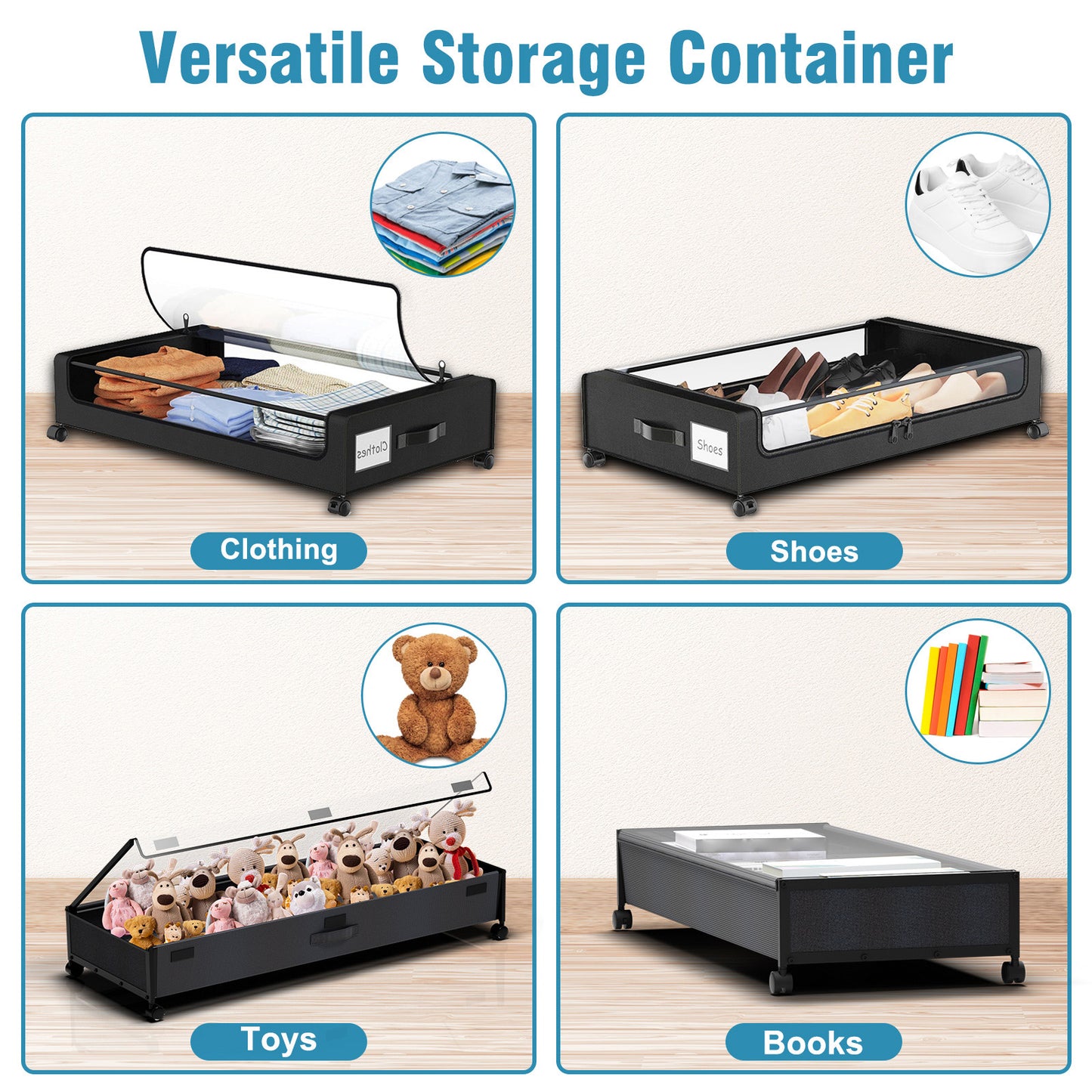 Under Bed Storage with Wheels, Under Bed Storage Containers, Under the Bed Storage Organizer with Clear Lids - Rolling Drawers & Bins for Clothes,Shoes,Toys, 2-Pack (Black)