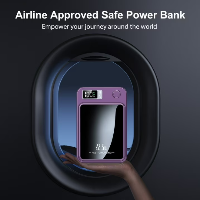 Magnetic Power Bank, 5000mAh Wireless Portable Charger with LED Power Display, 22.5W Fast Charging Phone Battery Bank, 2 in 1 Outdoor Travel Emergency Backup Battery Pack, Purple