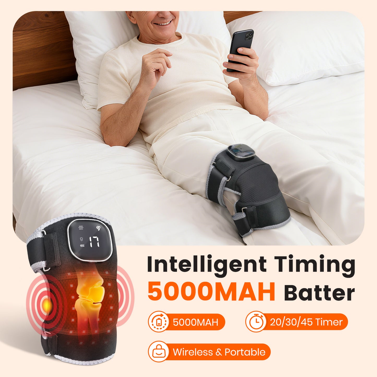 Knee Massager with Heating and Red Light, Vibration Knee Brace Wireless Rechargeable Heated Device for Knee/Joint/Elbow/Shoulder, Ideal Gift for Family