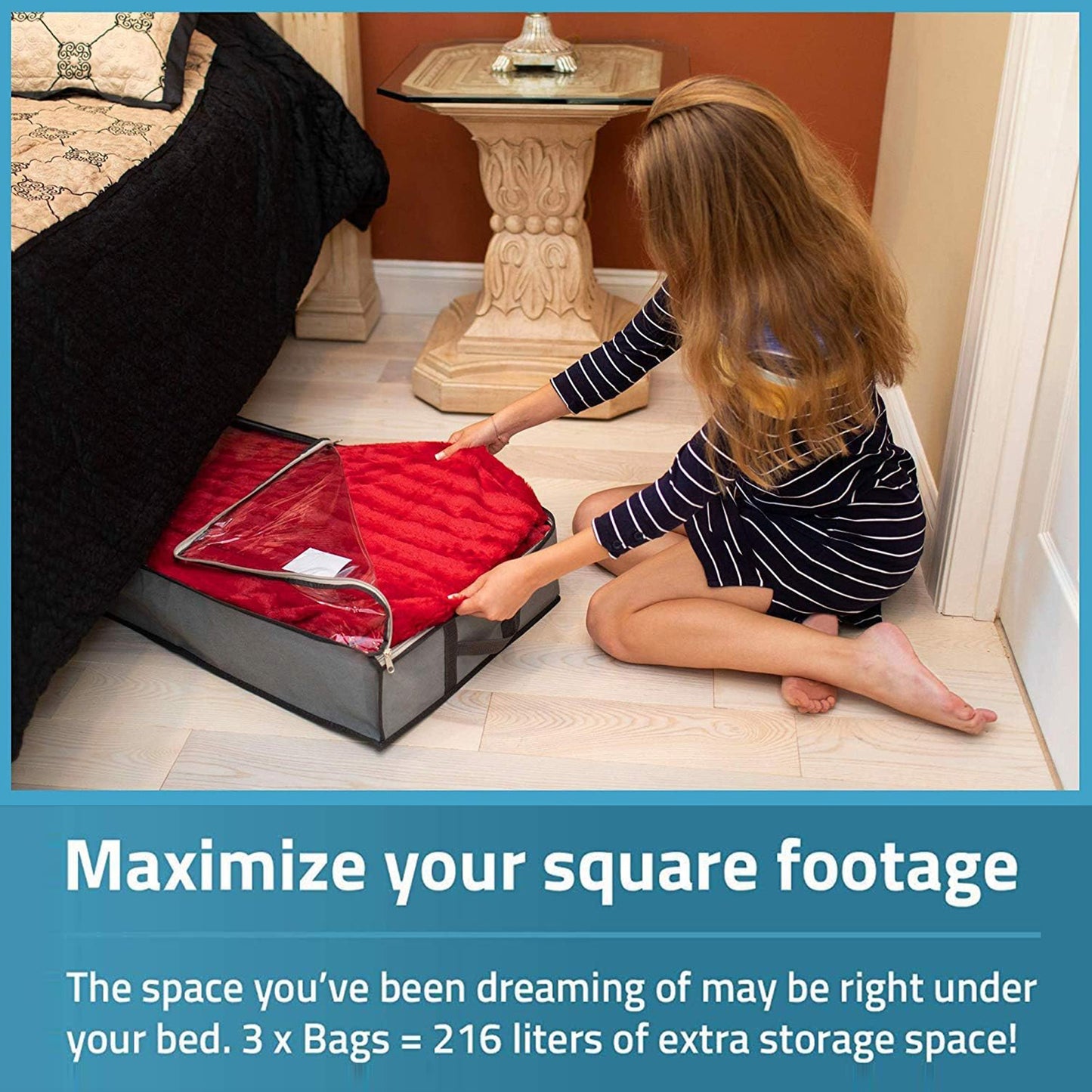 BAOKALER Underbed Storage Bag Adult Reinforced with Dual Handles, Gray, 3 Count, 3 Pack