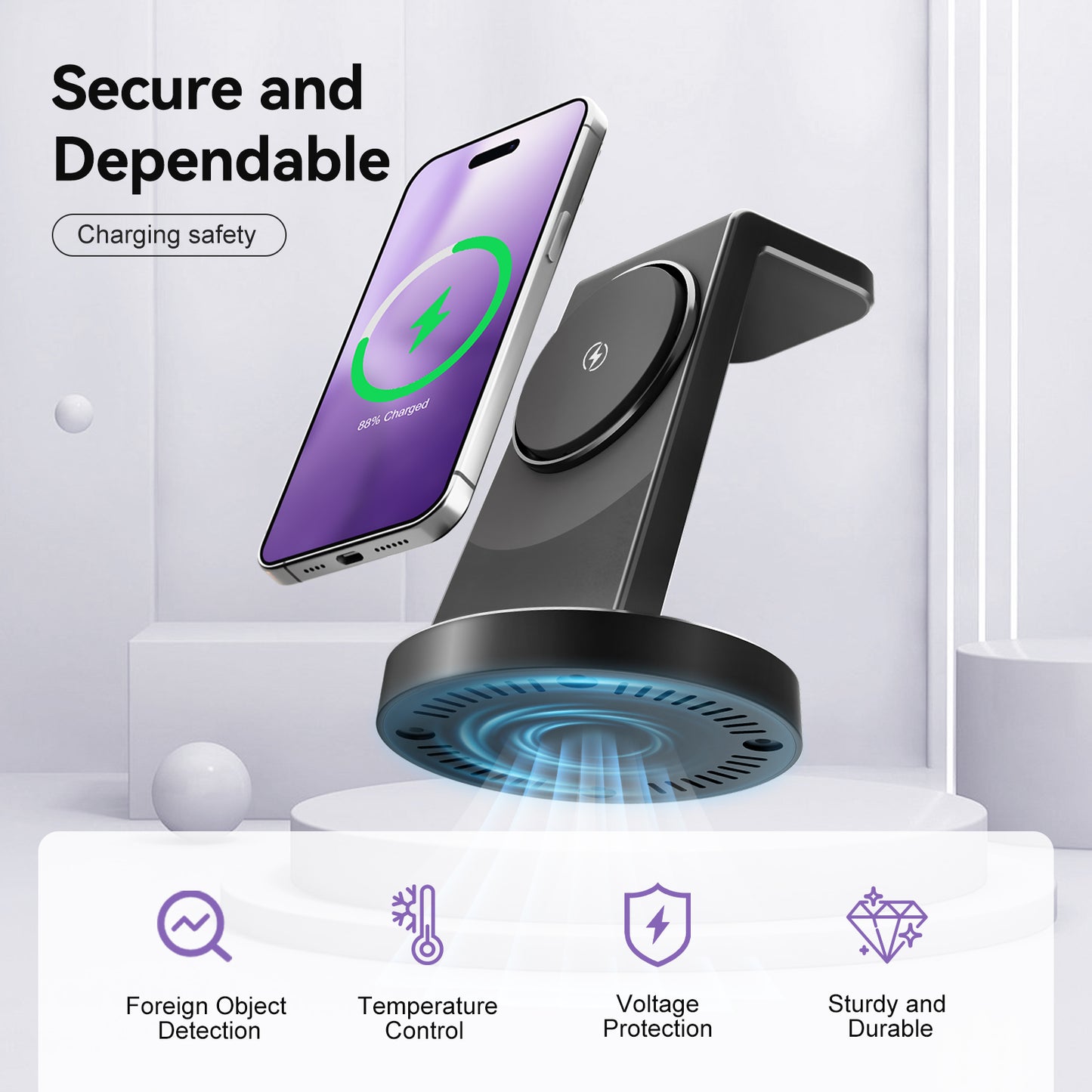 Charging Station, 15W Fast Wireless Charger for iPhone 16 15 14 13 12 Pro X Max XR, Compatible with AirPods iWatch,3 in 1 Magnetic Stand