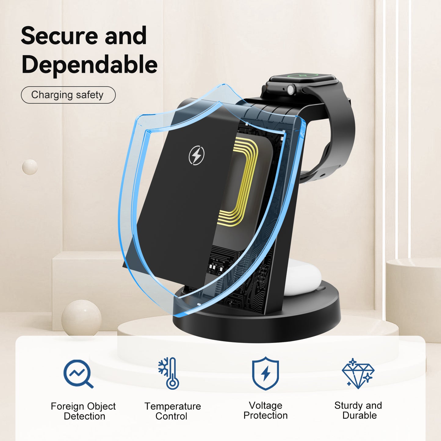 3 in 1 Charging Station, 15W Fast Wireless Charger Compatible with iPhone 17 16 15 14 13 12, Compatible with iWatch, Compatible with Airpods, Black