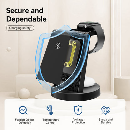 3 in 1 Charging Station, 15W Fast Wireless Charger Compatible with iPhone 17 16 15 14 13 12, Compatible with iWatch, Compatible with Airpods, Black