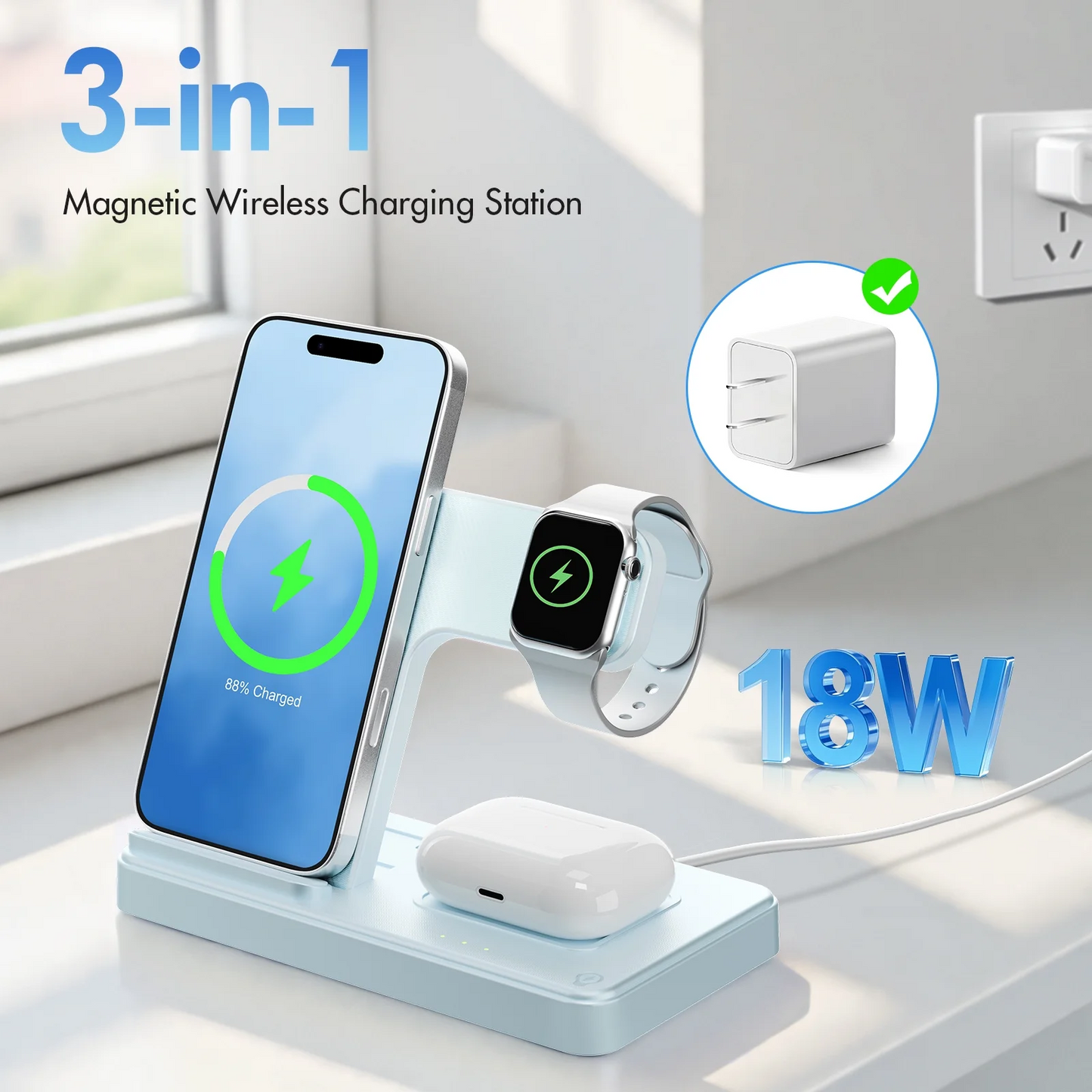 Wireless Charger for iPhone,3 in 1 Wireless Charging Station for iPhone 17 16 15 14 13 12 11 Pro Max Plus XS XR X 8,for iWatch 9 8 7 6 5 4 3 2 SE,for AirPods 3 2 Pro,Blue,No Adapter