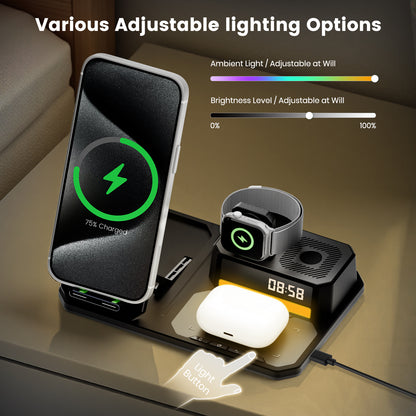 Wireless Charger for iPhone 17 16 15 14 13 12, 6 in 1 Charging Station for iWatch Series£¬for AirPods 4 3 2, with Clock, Bluetooth, Ambient Light
