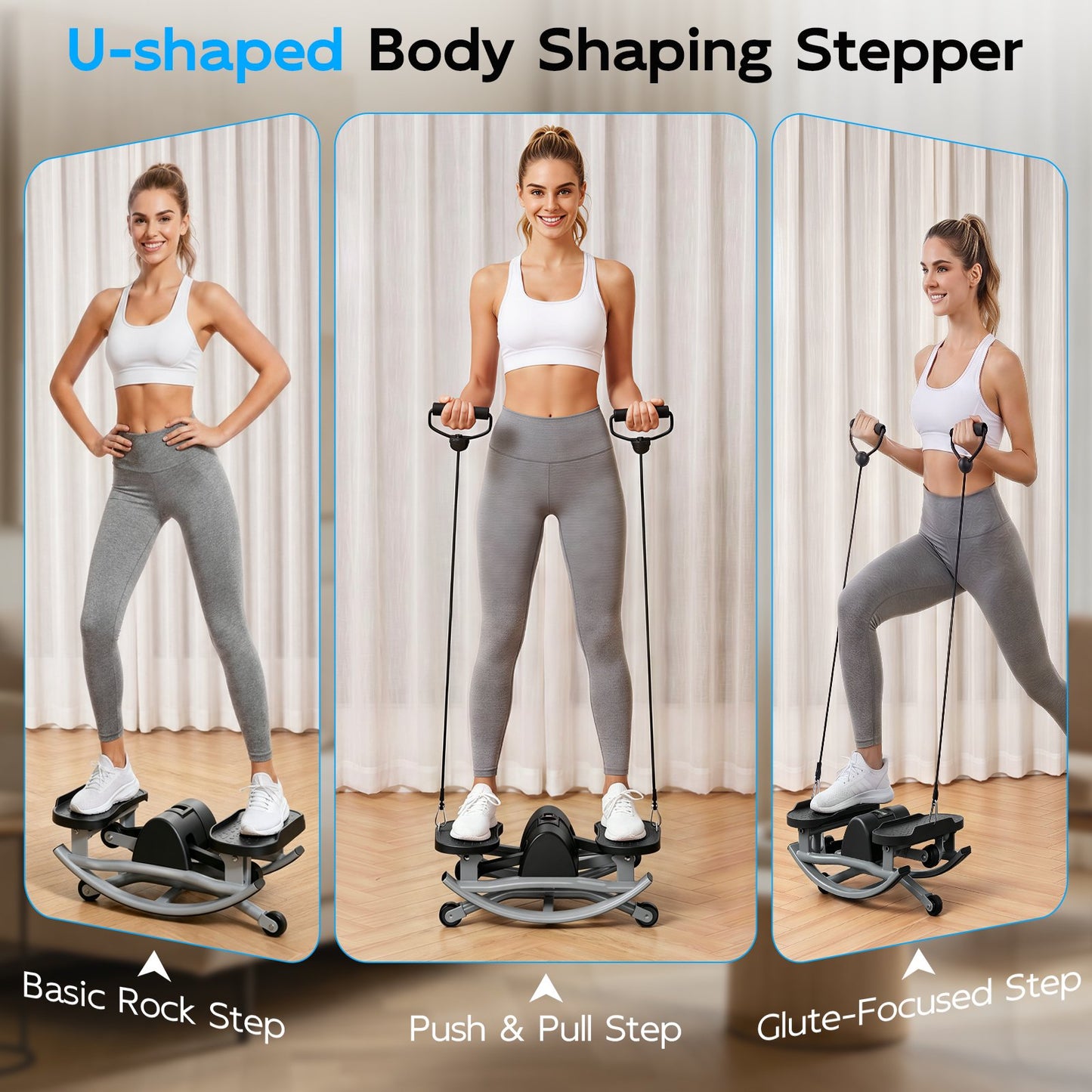 RICAN Smart Lateral Rocking Fitness Stepper, Low-Impact Portable Exercise Stepper with Digital Monitor, Resistance Bands & Floor Mat, Sliver