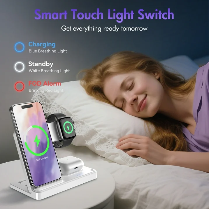 Wireless Charger for iPhone,3 in 1 Wireless Charging Station for iPhone 17 16 15 14 13 12 11 Pro Max Plus XS XR X 8,for iWatch 9 8 7 6 5 4 3 2 SE,for AirPods 3 2 Pro,White,No Adapter