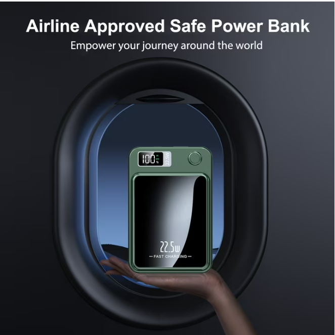 Wireless Power Bank, 5000mAh 22.5W Portable Charger with LED Power Display, 2 in 1 Magnetic Portable Power Bank Fast Charging, Suitable for Outdoor Travel Backup Small Phone Charger, Green