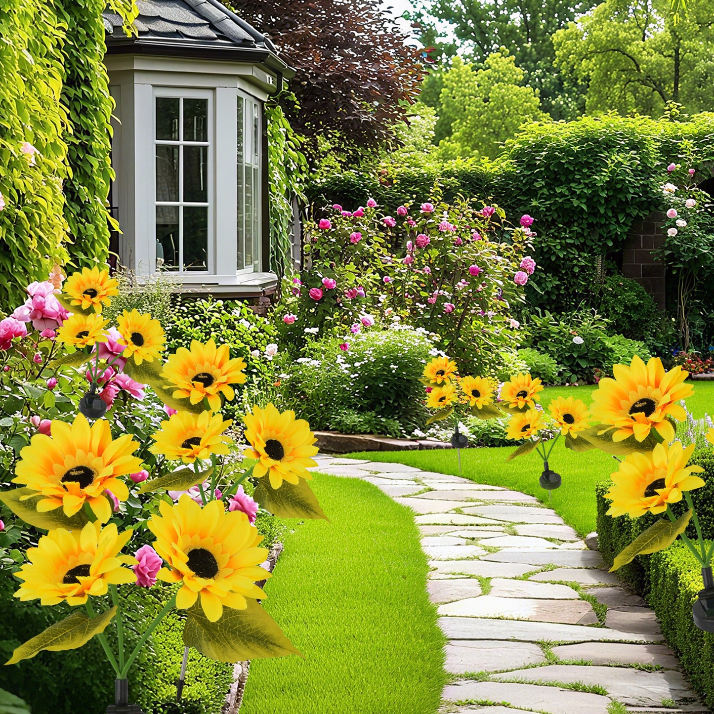 TopZoo Solar Lights Outdoor Garden Decor, 4PCS Solar Garden Stake Lights with 9 Sunflower Lights, Waterproof for Back Yard, Flower Bed, Pathway, Patio, Porch Decoration