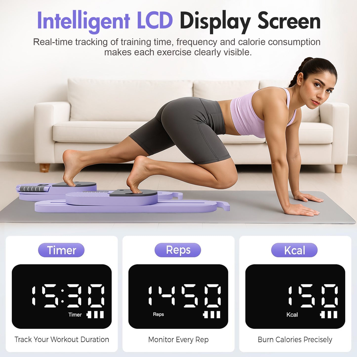 RICAN Pilates Reformer Board with Resistance Bands, Portable Pilates Machine, Full Body Workout for Home, LED Timer & Calorie Display Abdominal Board, Ab Core Strengthener Trainer