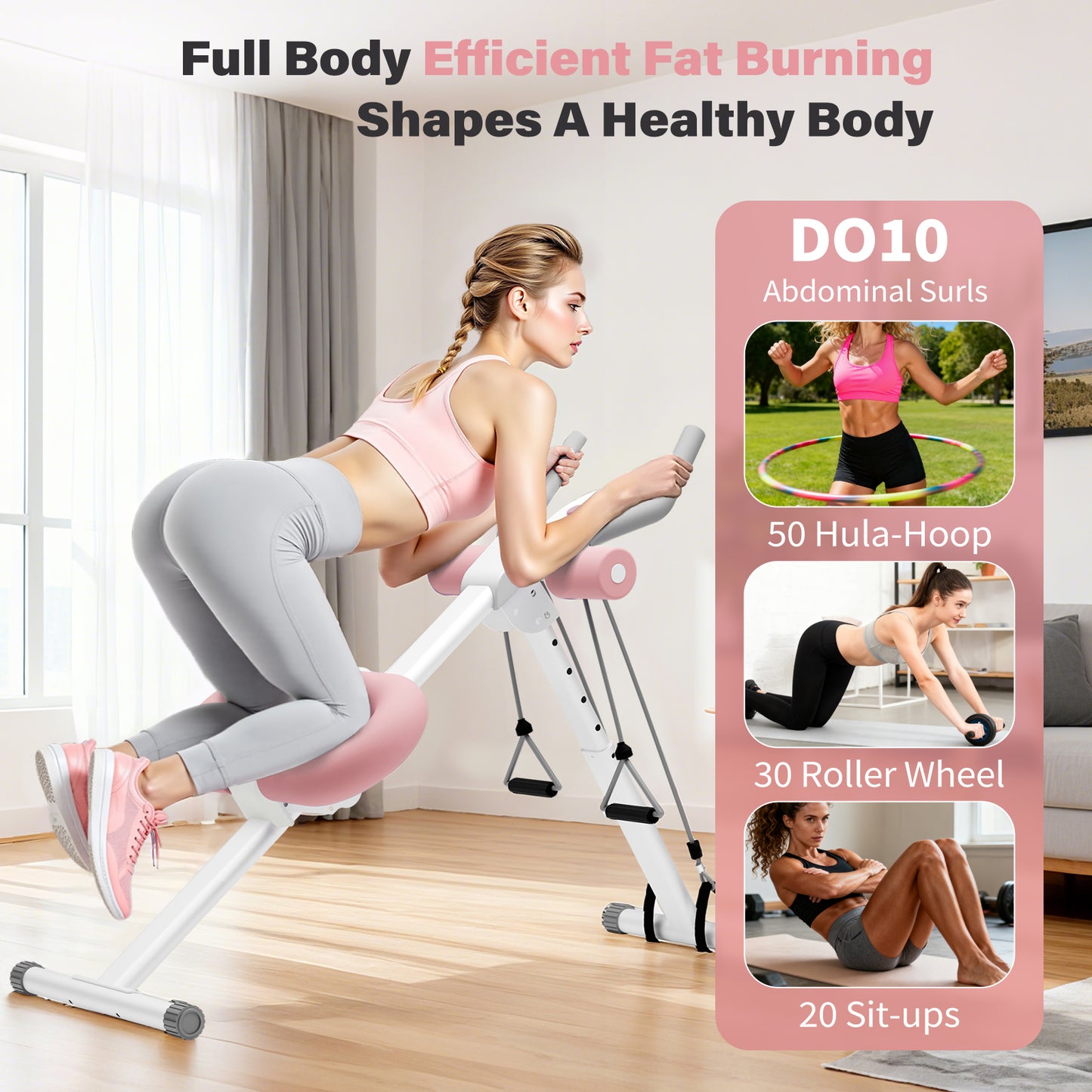 ALSO GO Ab Machine, Adjustable Ab Trainer Machine, Abdominal Workout Equipment with LED Display, 300 lb Foldable Abdominal Core Equipment with Resistance Bands, Pink