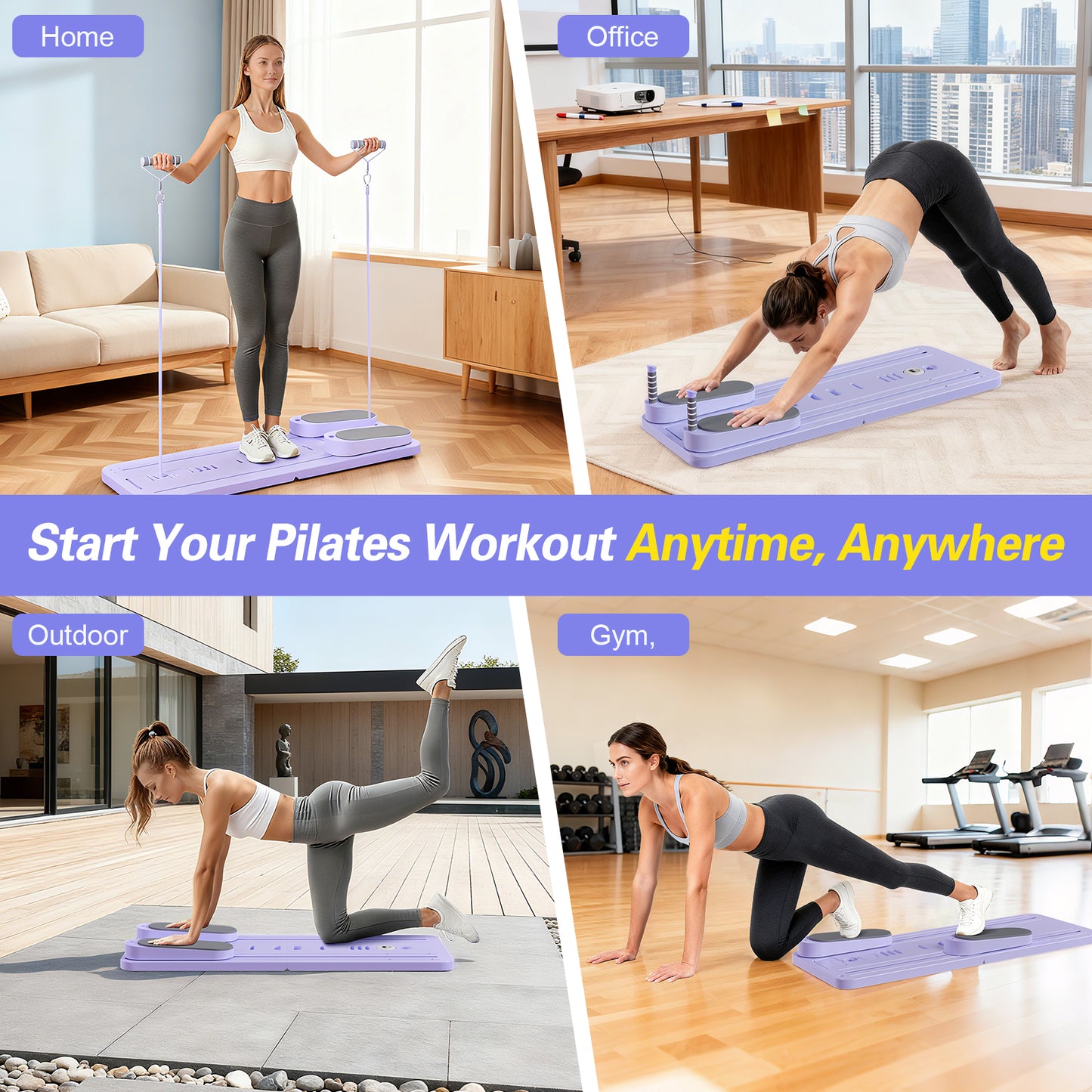 Rican Pilates Board, Portable Ab Board, Multifunctional Abdominal Board, Foldable Pilates Reformer Set, Sliding Equipment for Home with Timer, Purple