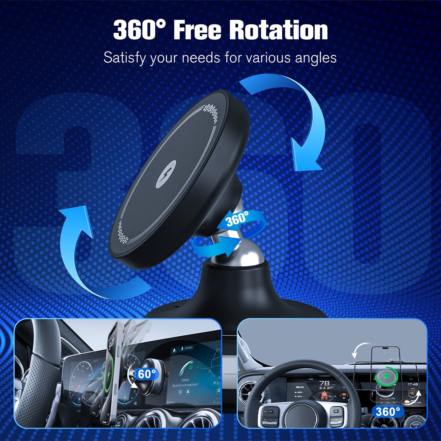 Wireless Car Charger, 15W Wireless Charging Phone Mount for Car, Magnetic Car Phone Holder for iPhone 16 15 14 13 12, 360¡ã Rotatable Charger Car Mount, Black