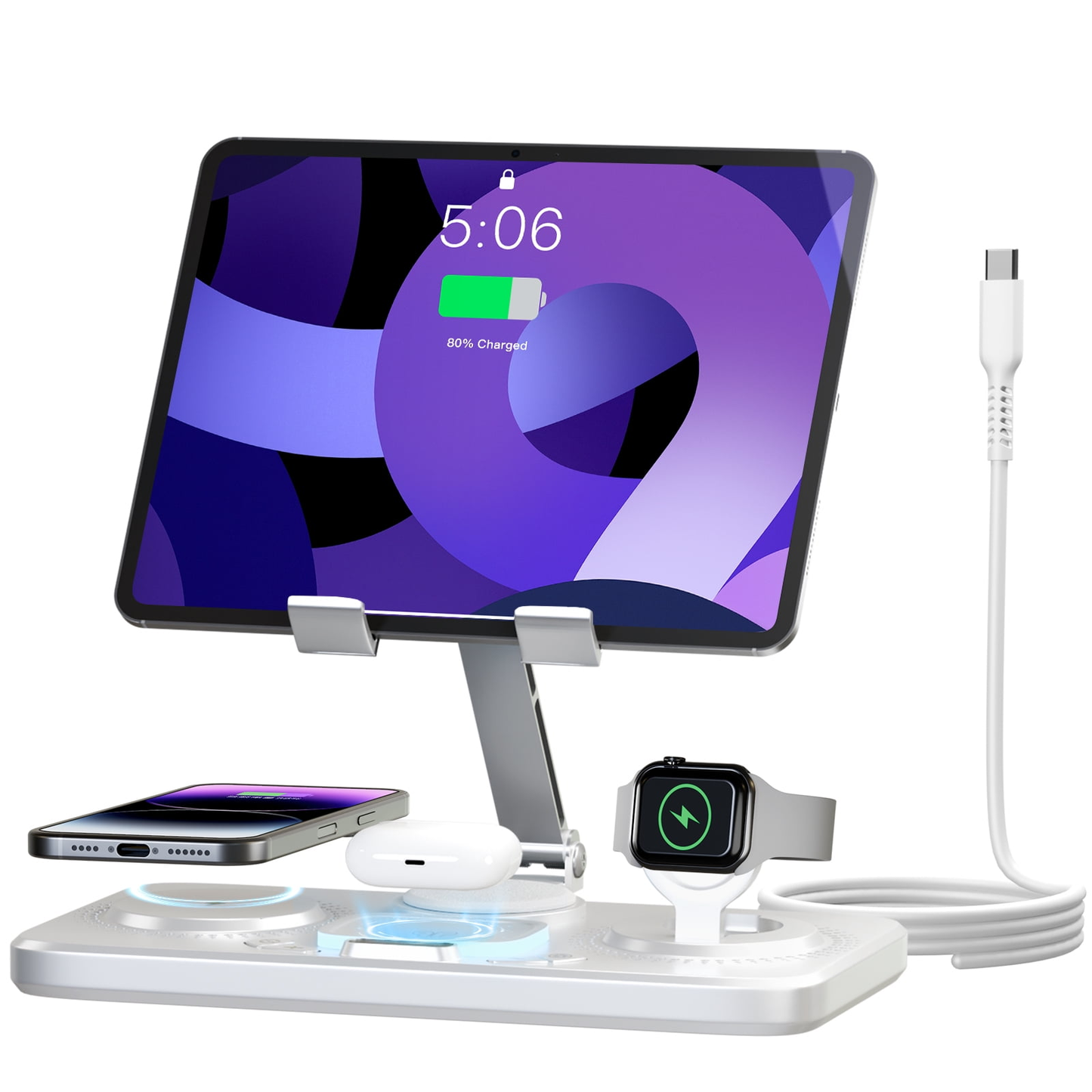 7 in 1 Wireless Charger for iPhone Airpods iWatch, Foldable Charging Station , Travel Charging Pad Dock Compatible with Apple 12 and above series, White