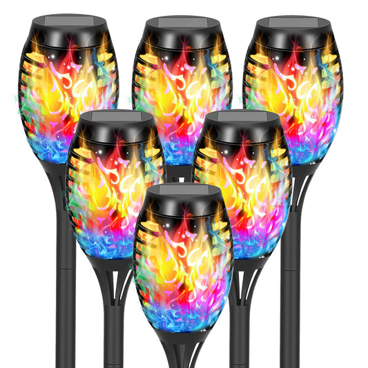 TopZoo Outdoor Solar Torch Lights, Flickering Flame Garden Stake Lights Solar Powered, Multi Colored Outdoor Decor, Waterproof Outside Yard Decor, Halloween Christmas Decor, 6 Packs