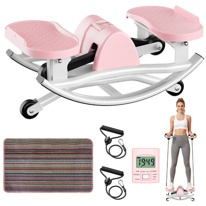 RICAN Smart Lateral Rocking Fitness Stepper, Low-Impact Portable Exercise Stepper with Digital Monitor, Resistance Bands & Floor Mat, Pink