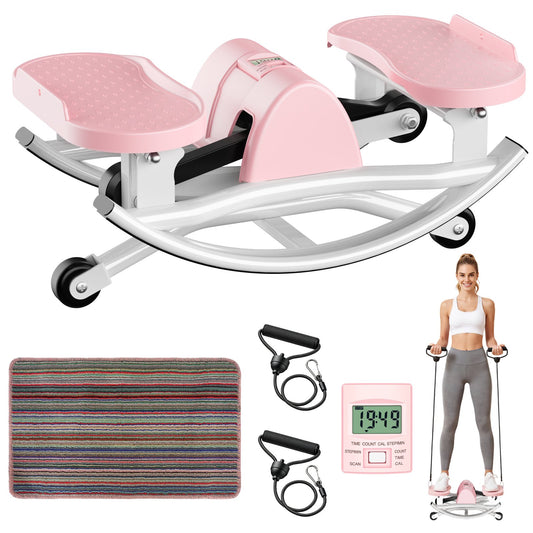RICAN Smart Rock Stepper, Lateral Rocking Fitness Stepper, Low-Impact Portable Exercise Machine with Digital Monitor, Resistance Bands & Floor Mat,  Pink