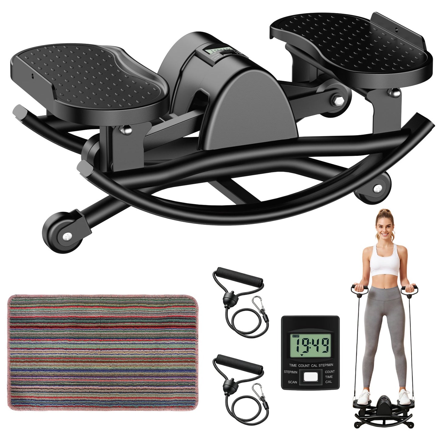 RICAN Smart Lateral Rocking Fitness Stepper, Low-Impact Portable Exercise Stepper with Digital Monitor, Resistance Bands & Floor Mat, Black