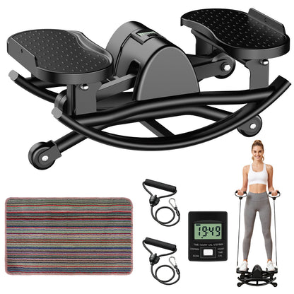 RICAN Smart Lateral Rocking Fitness Stepper, Low-Impact Portable Exercise Stepper with Digital Monitor, Resistance Bands & Floor Mat, Black