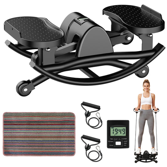 RICAN Smart Rock Stepper, Lateral Rocking Fitness Stepper, Low-Impact Portable Exercise Machine with Digital Monitor, Resistance Bands & Floor Mat, Black
