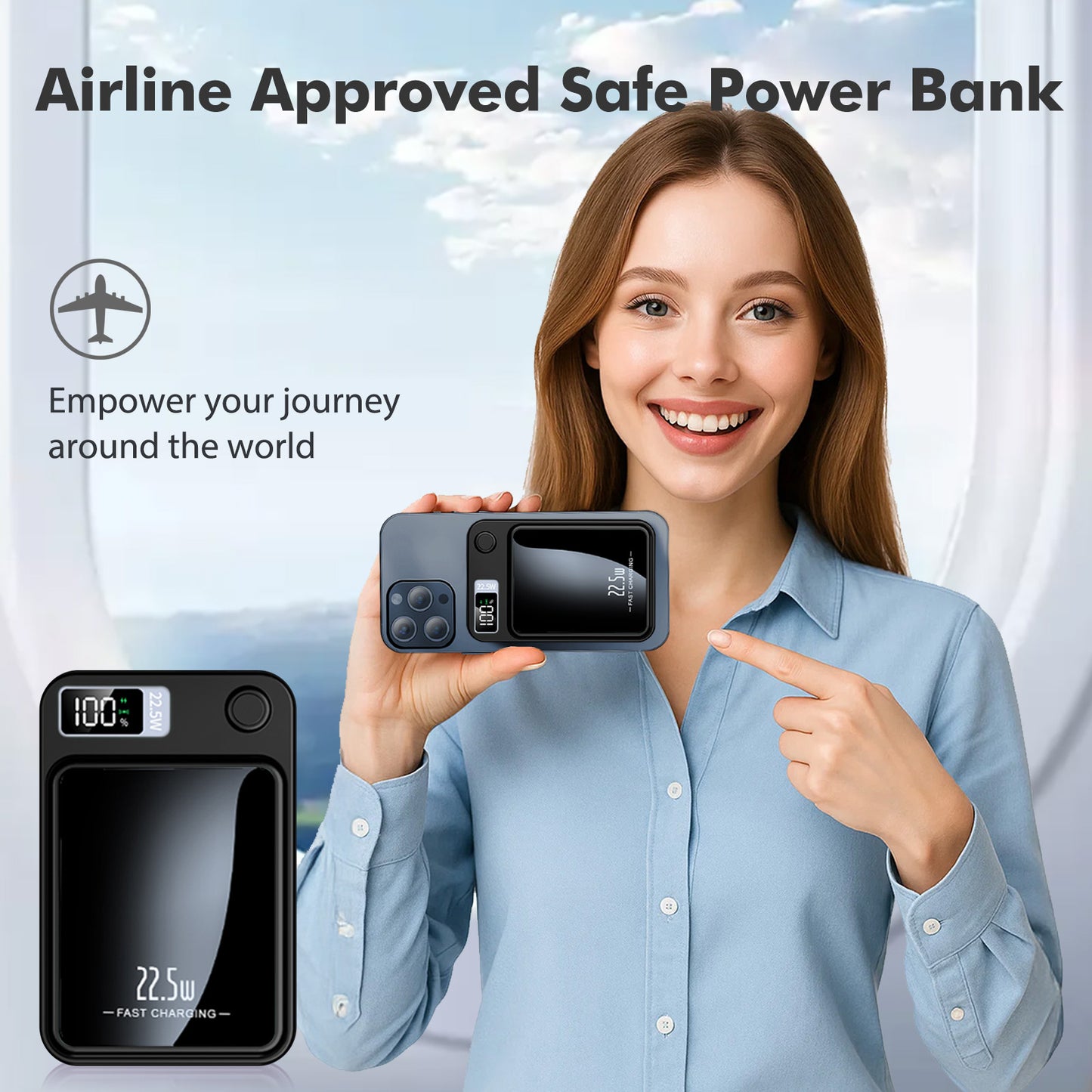 Power Bank, 10000mAh Wireless Power Bank with LED Power Display, 22.5W Fast Charging Battery Pack, Compatible with iPhone 8 and above series,Black