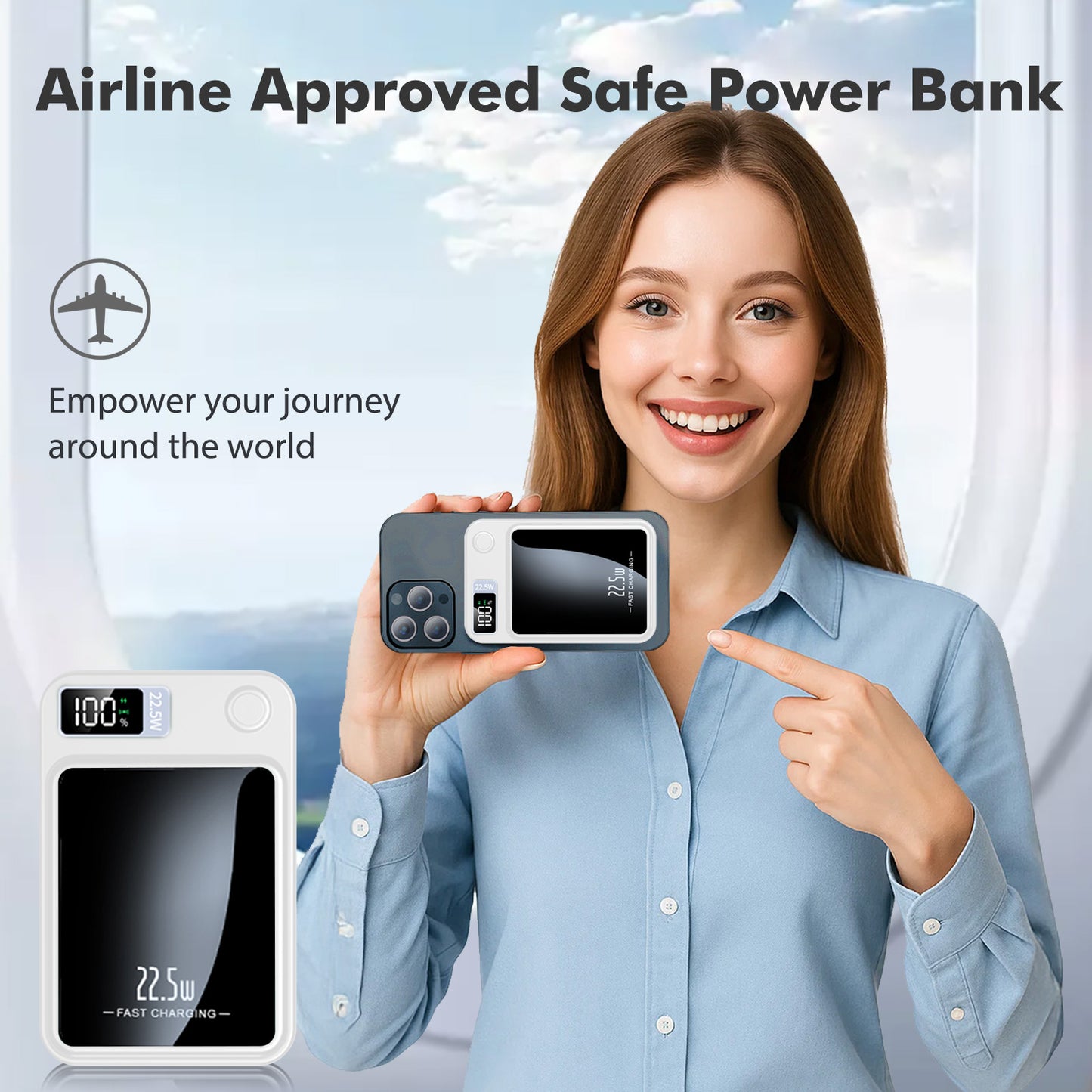 Portable Magnetic Wireless Power Bank, 10000mAh 22.5W Fast Charging,2 in 1 power bank with LED Power Display, Suitable for Outdoor Emergency Backup Power Bank, Compatible with iphone and above series