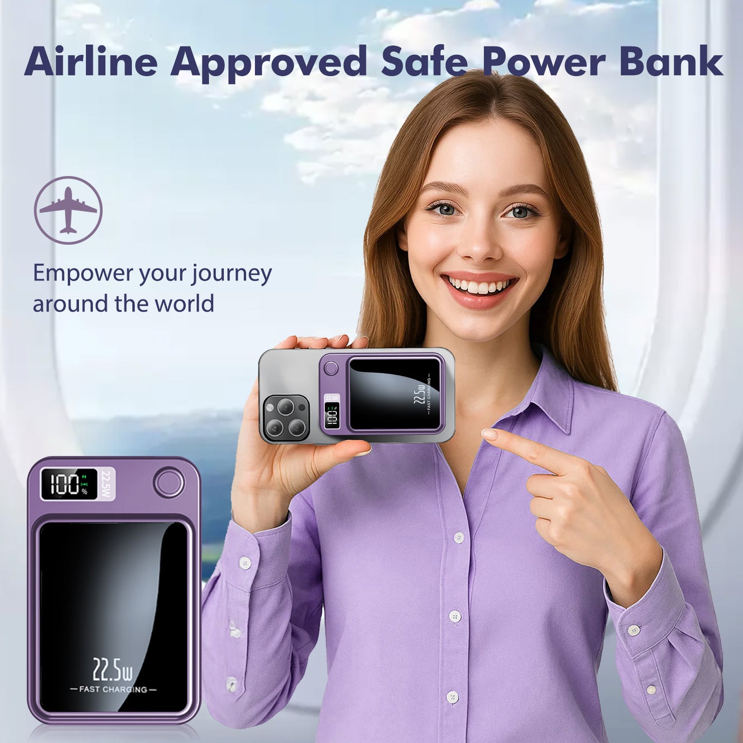 Power Bank, 10000mAh Wireless Power Bank with LED Power Display, 22.5W Fast Charging Battery Pack, Compatible with iPhone 8 and above series,Purple