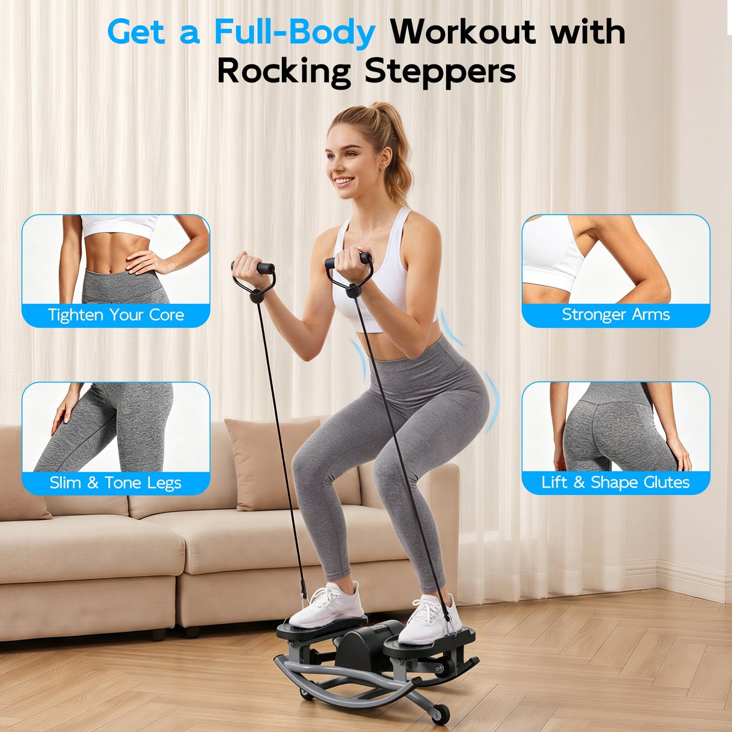 RICAN Smart Lateral Rocking Fitness Stepper, Low-Impact Portable Exercise Stepper with Digital Monitor, Resistance Bands & Floor Mat, Sliver