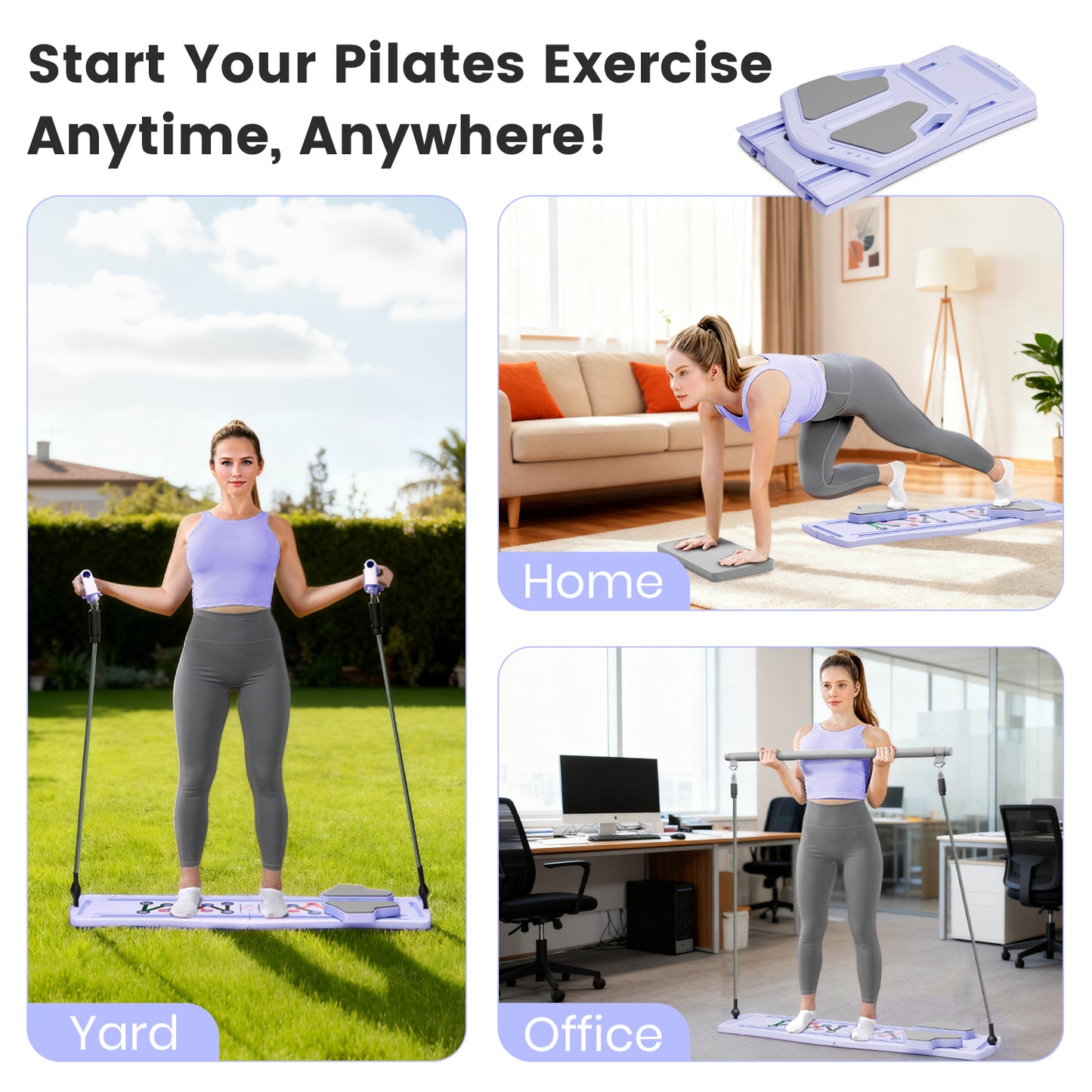 RICAN 7 in 1 Foldable Pilates board, Pilates Reformer Set with 330LBS, Portable Home Pilates for Women Workout, Fitness, Exercise, Abs, Purple