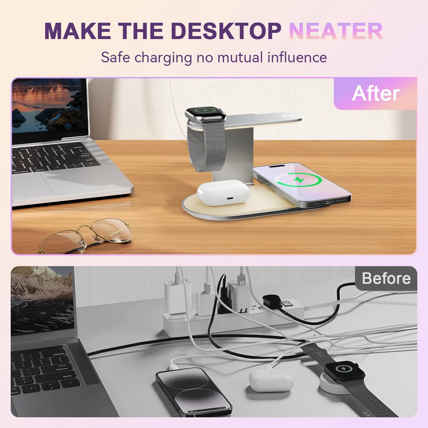 4 in 1 Charging Station, MagSafe Wireless Charger with Three Level soft Night Light, 15W Wireles Charging for iPhone