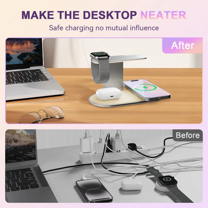 4 in 1 Charging Station, MagSafe Wireless Charger with Three Level soft Night Light, 15W Wireles Charging for iPhone