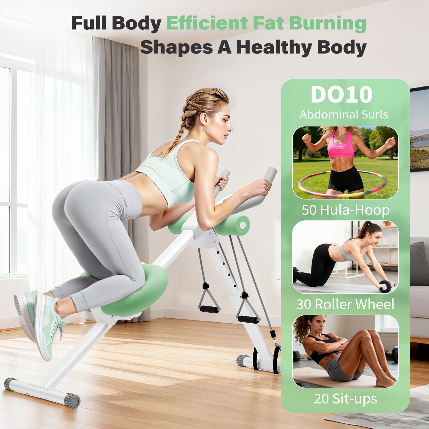 ALSO GO Ab Machine, Adjustable Ab Trainer Machine, Abdominal Workout Equipment with LED Display, 300 lb Foldable Abdominal Core Equipment with Resistance Bands, Green