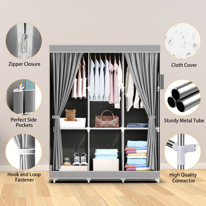 Portable Closet Organizer and Storage with 3 Hanging Rods for Hanging Clothes, 6 Wardrobe Closet Storage Shelves for Bedroom, Easy to Assemble, Grey