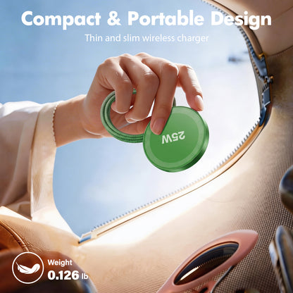 25W Wireless Magnetic Charger, MagSafe Compatible Charging Pad for iPhone 17 17e 16 16e 15 14 13 12 Pro Max, Portable Fast Phone Charger for Travel Bedside, Dark Green