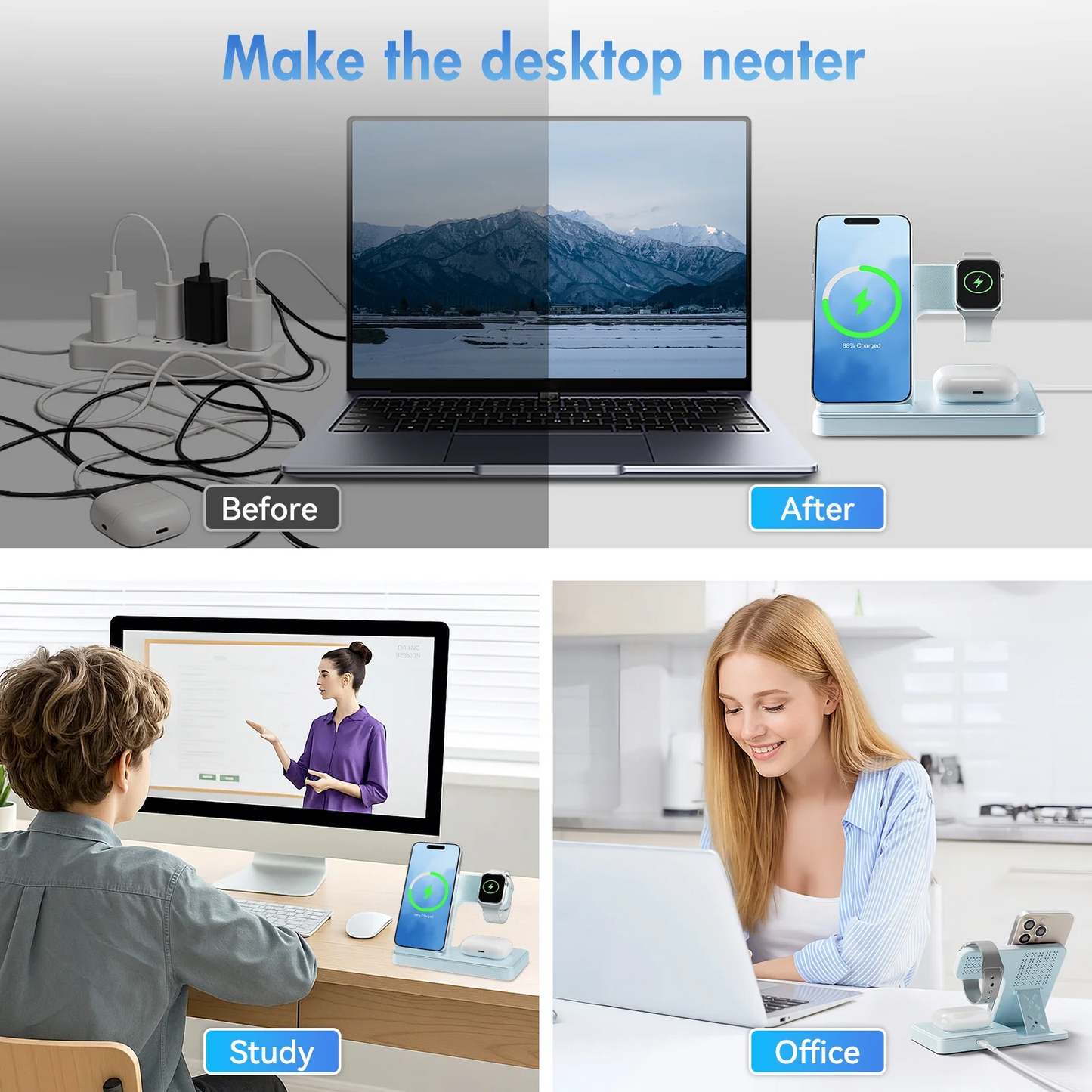 Wireless Charger, Magnetic Fast Charging Stand Compatible with iPhone 16 15 14 13 12 11 Pro Max Plus XS XR X 8, for Apple Watch 9 8 7 6 5 4 3 2 SE, for AirPods 3 2 Pro, 3 in 1 Charging Station, Blue