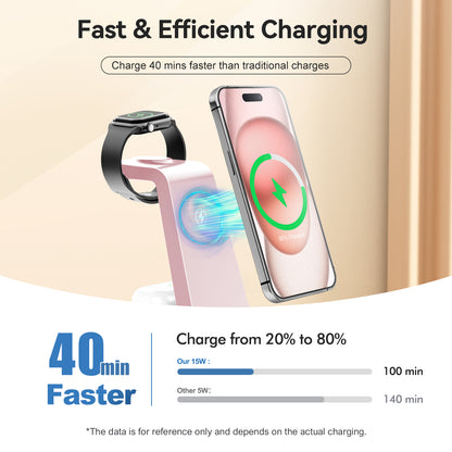 Wireless Charger, Charging Station, 3 in 1 Charger Stand for iPhone 17 16 15 14 13 12, Compatible with iWatch 11 10 9 8 7 6 5 4 3 2 SE Ultra Series, for Airpods 4 3 2 Pro, Pink