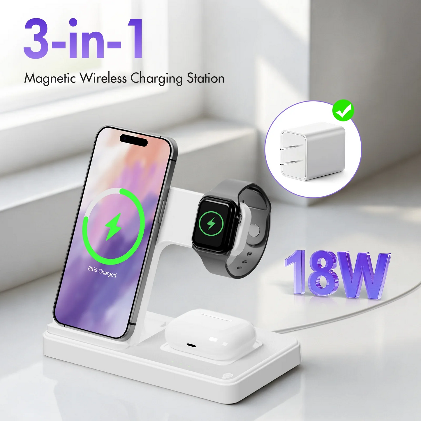 Wireless Charger for iPhone,3 in 1 Wireless Charging Station for iPhone 17 16 15 14 13 12 11 Pro Max Plus XS XR X 8,for iWatch 9 8 7 6 5 4 3 2 SE,for AirPods 3 2 Pro,White,No Adapter