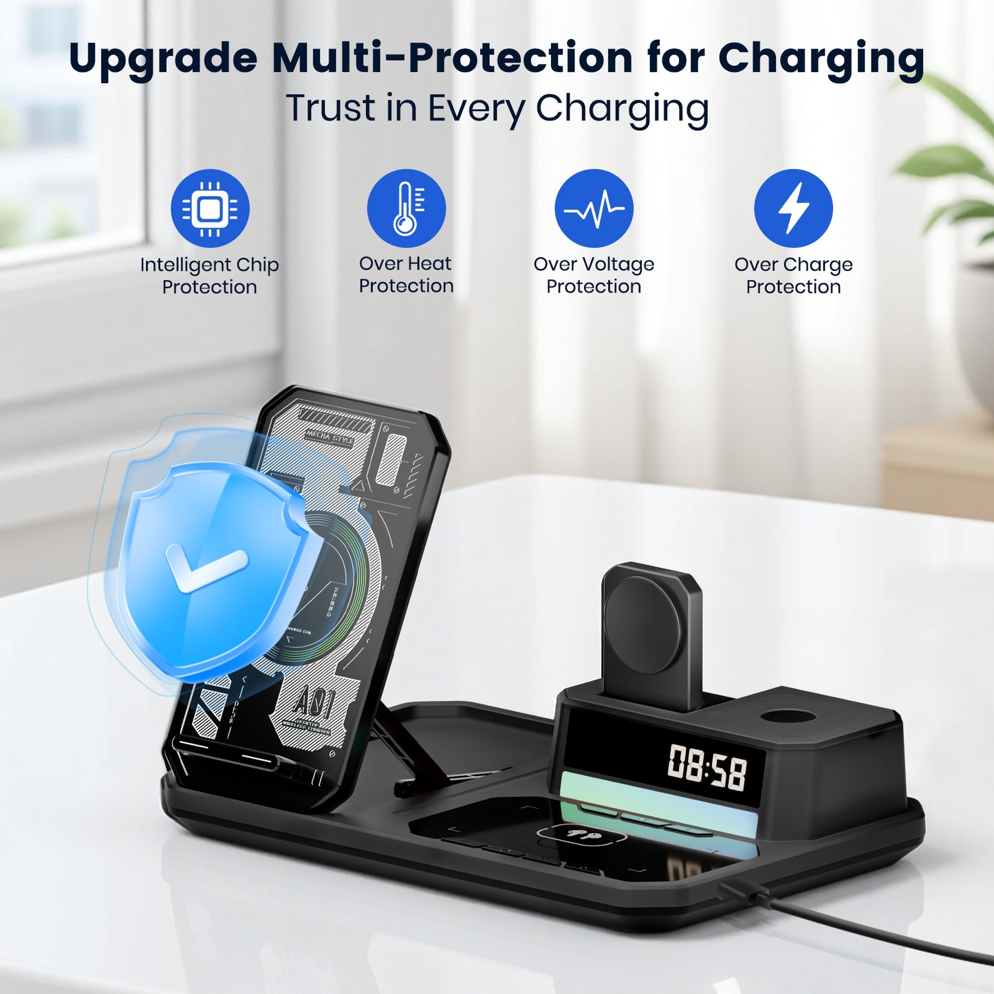 Wireless Charger for iPhone 17 16 15 14 13 12, 6 in 1 Charging Station for iWatch Series£¬for AirPods 4 3 2, with Clock, Bluetooth, Ambient Light