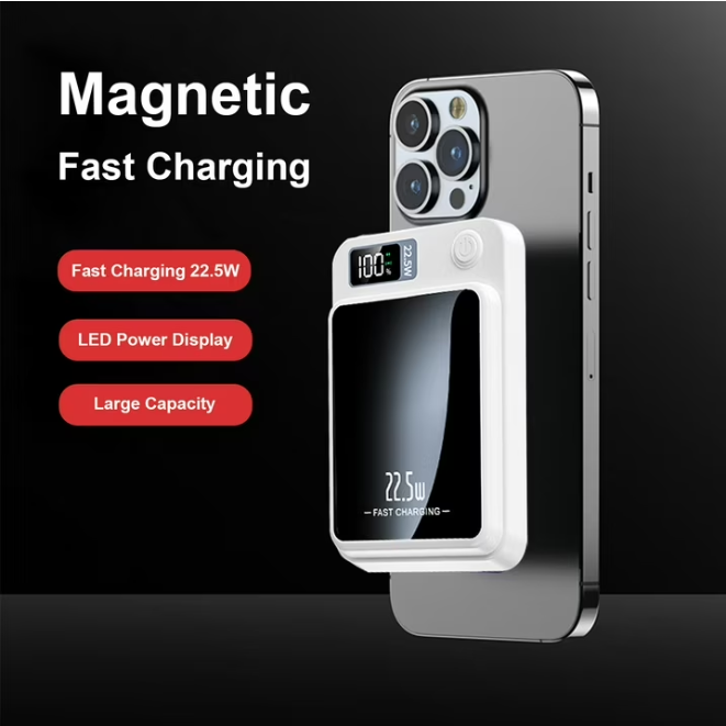 Wireless Power Bank, 5000mAh Magnetic Portable Charger with LED Power Display, Fast Charging 22.5W Battery Pack, Suitable for Outdoor Travel Emergency Backup Power Bank, White