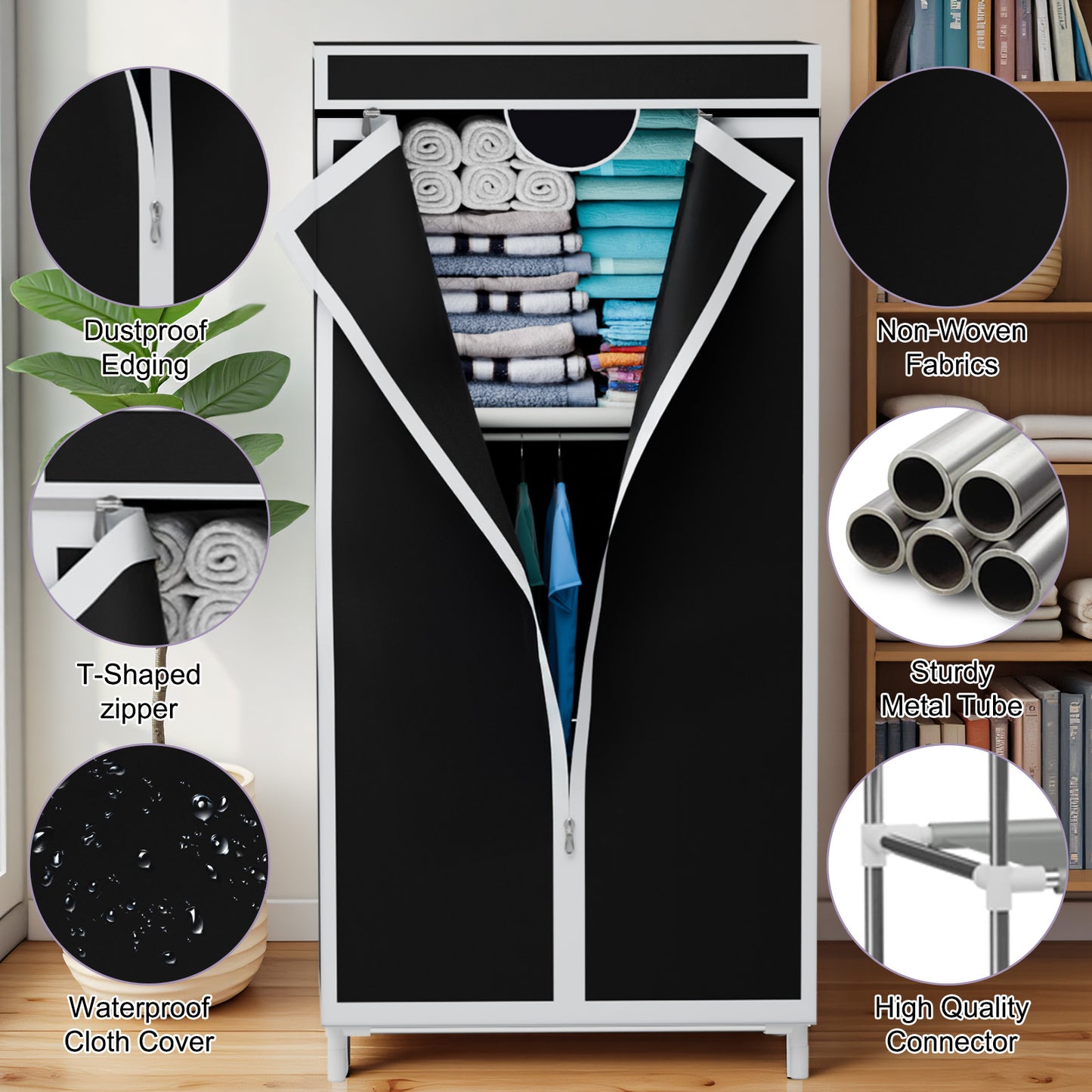 Portable Closet Organizers and Storage with Hanging & Folding Sections, Space-Saving Wardrobe Closet Organizer, Full-Cover Dustproof Hanging Clothing Rack for Bedroom, Apartment, Dorm, Black