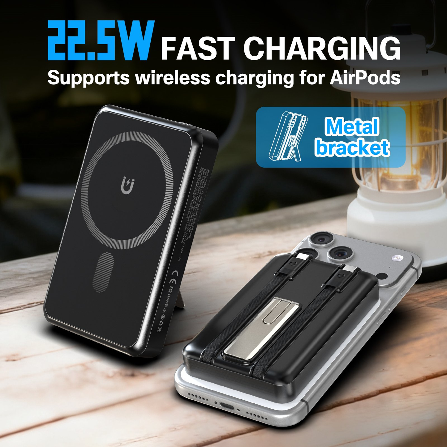10000mAh Magnetic Wireless Power Bank Portable Charger, 22.5W Fast Charging Battery Pack with Type-C & Mobile Phone Charging Cables, for iPhone 12-17, Black
