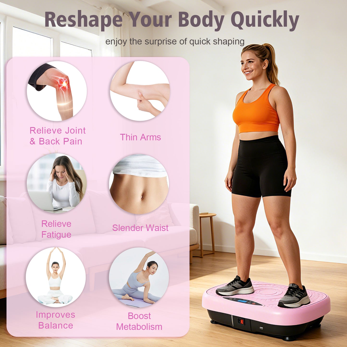 RICAN Vibration Plate Exercise Machine with Bluetooth, Resistance Bands, Loop Bands & Remote Control for Weight Loss Fat Burner, Pink