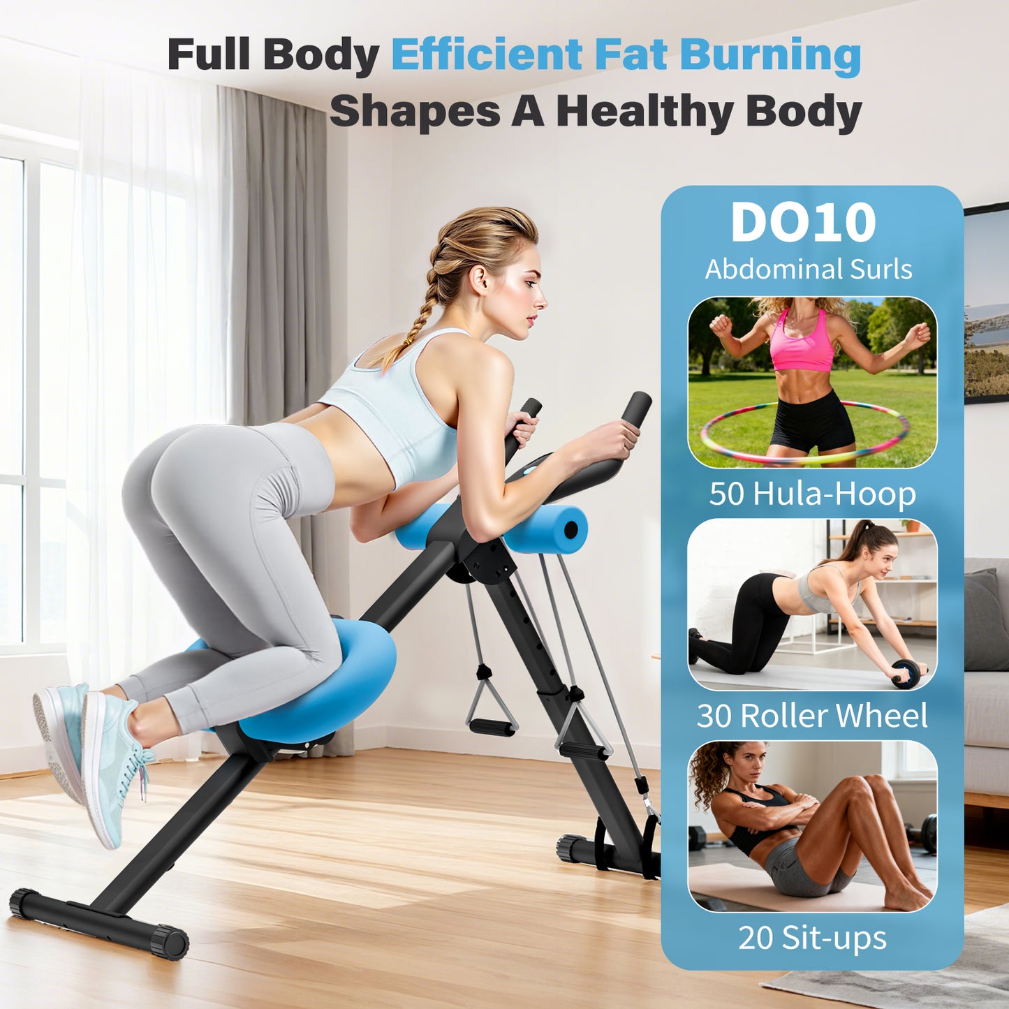 ALSO GO Ab Machine, Adjustable Ab Trainer Machine, Abdominal Workout Equipment with LED Display, 300 lb Foldable Abdominal Core Equipment with Resistance Bands, Blue