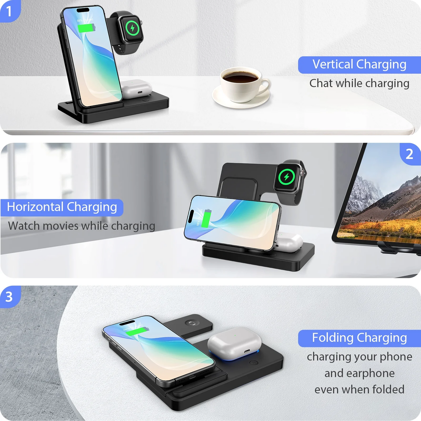 Wireless Charger Station for iPhone16 15 14 13 12 11 8 XS XR & Samsung Galaxy, 3 in 1 Charging Station for AirPods 3 2 Pro & iWatch Series ,Magnetic Wireless Charger Black