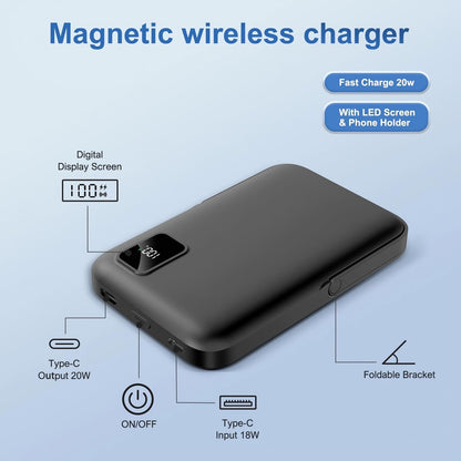 Magnetic Power Bank,10000mAh Wireless Portable Charger with LED Display, Built-in Cables, Magsafe Charger with Foldable Stand, 20W PD Fast Charging